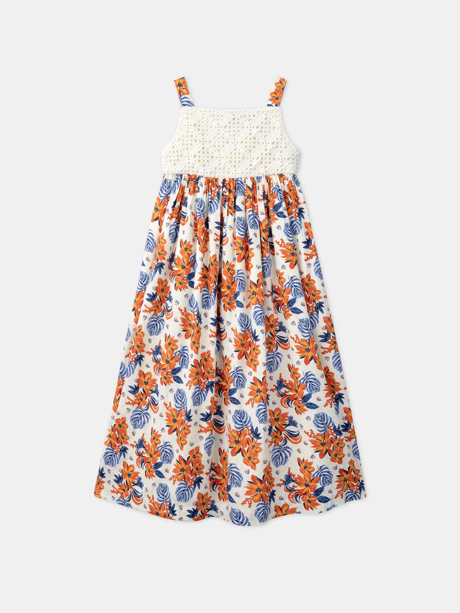 Abito ecrù con stampa fiore blu e arancione    