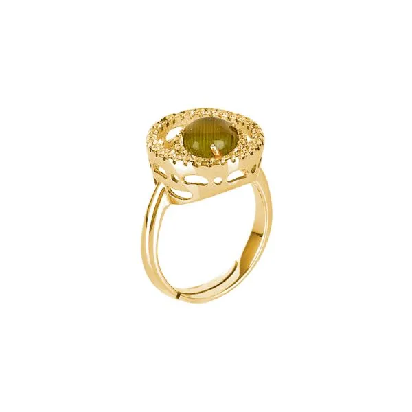 Anello con base di zirconi e cabochon verde olivina gatteggiante    