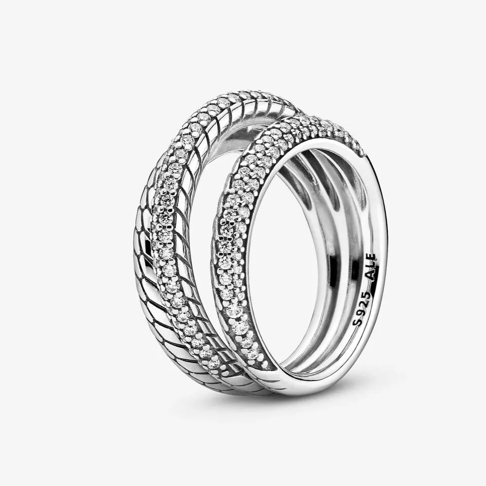Anello Pandora a Tripla Fascia con Maglia Snake e Pavé 199083C01