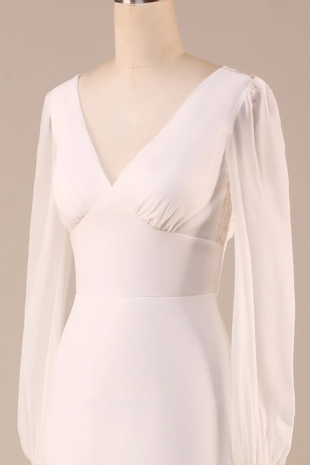 Avorio maniche lunghe Boho Chiffon Open Back Abito da sposa