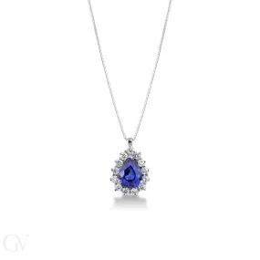 Collana in oro bianco 18k con goccia di zaffiro blu e diamanti