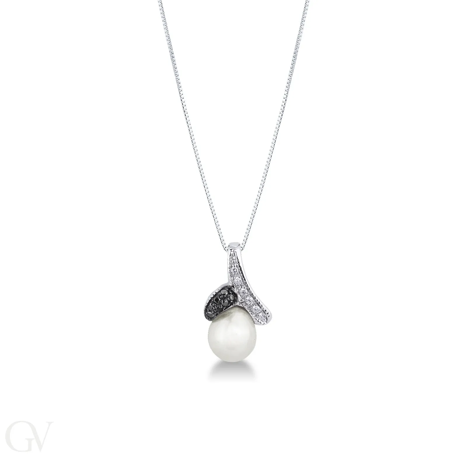 Collana in oro bianco 18k con perla, diamanti e diamanti neri